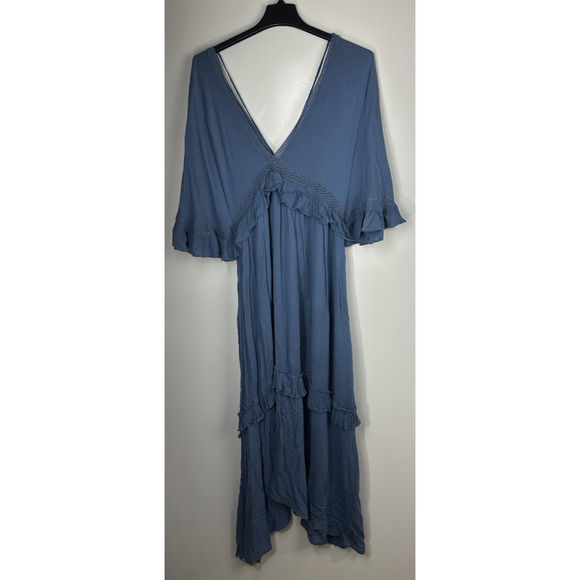 Free People Paradiso HiLo Maxi Dress Ruffle Blue Boho Folklore Oversized Medium - Picture 14 of 16